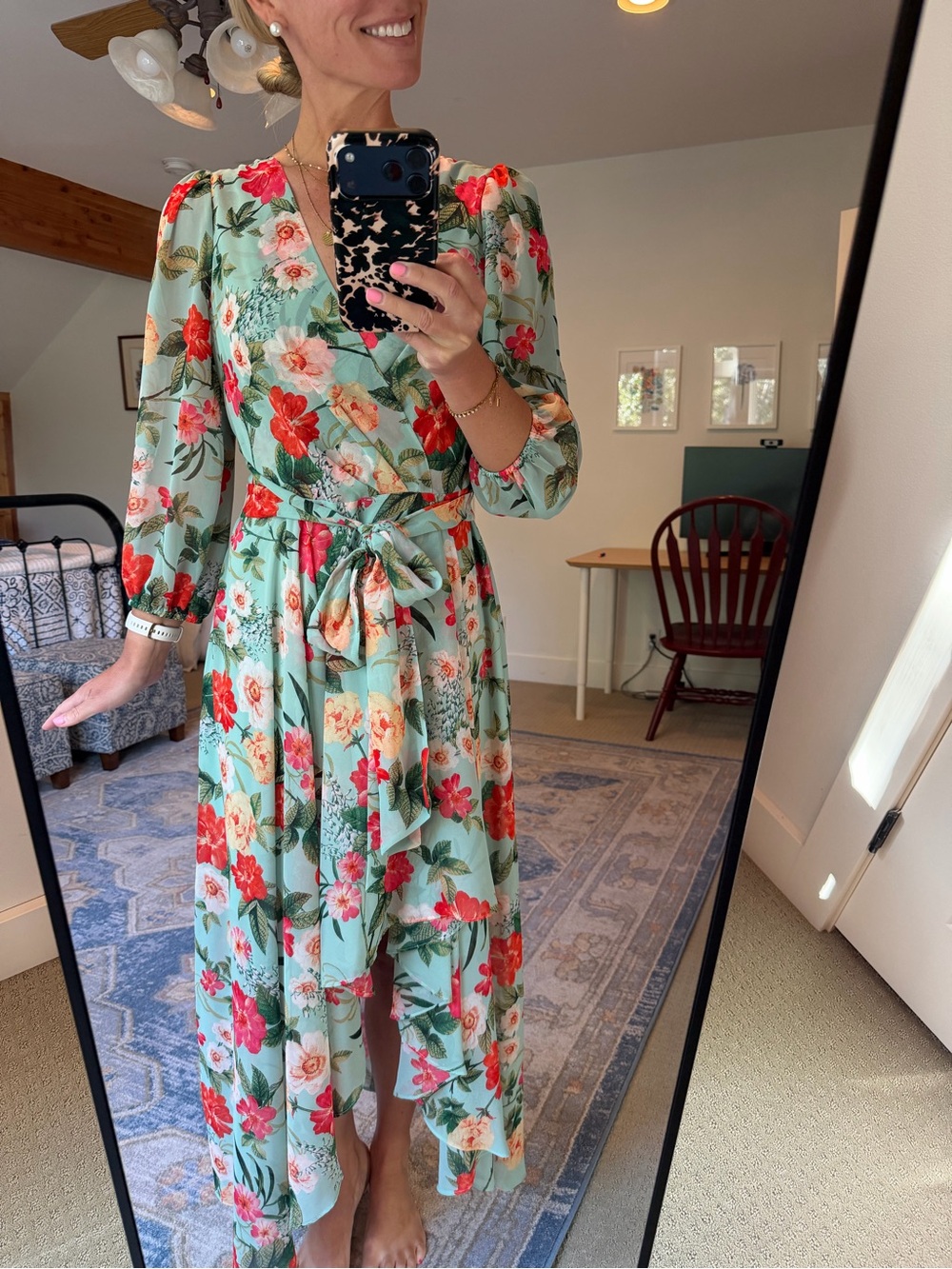 Eliza J Mint Floral Wrap Dress with Coral Blooms, Size 10 - gorgeous!